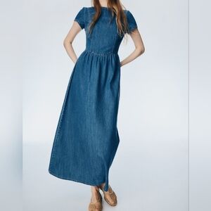 H&M denim Maxi Dress Gathered seam at waist & gently flared skirt Denim Blue Nwt